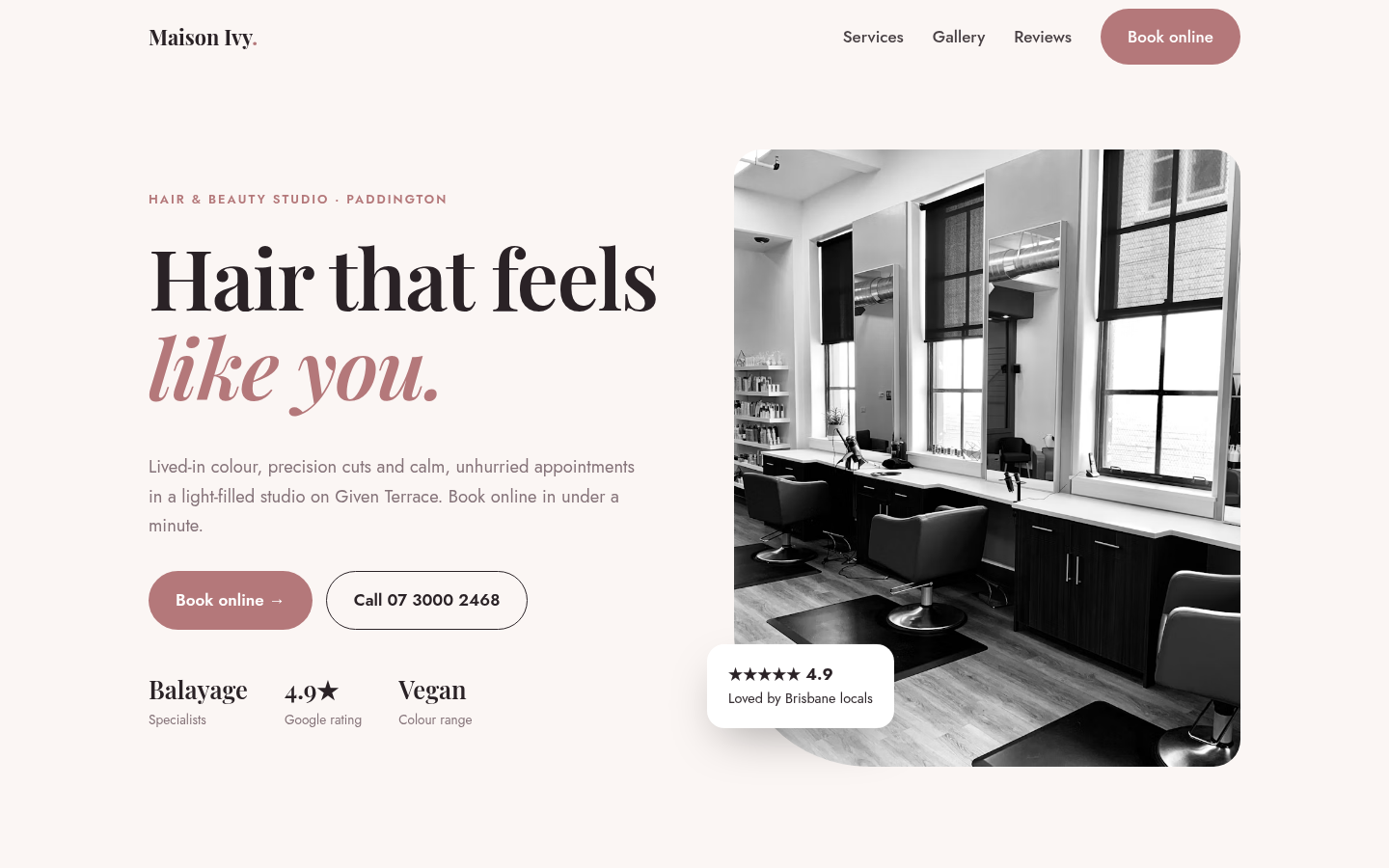 Screenshot of the Maison Ivy Hair Studio demo site
